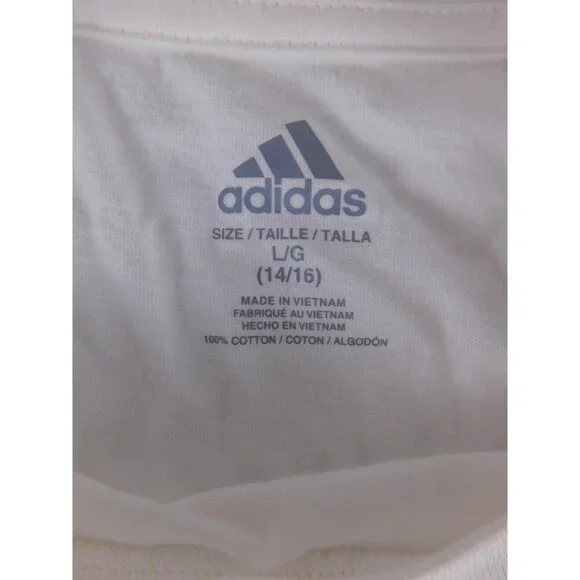 Adidas Shirt Boys L 14/16 White Long Sleeve Stripe Logo Crew Neck Jersey Cotton - Picture 3 of 6